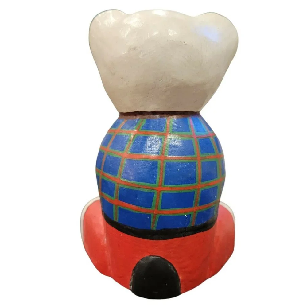 Artisan Folk Art Bear Hand Carved & Painted Wood with Flowers White Plaid Teddy - Picture 6 of 8